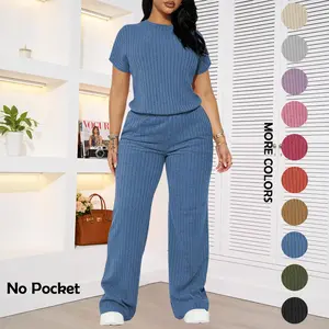 Women's Solid Shortsleeve Crewneck Ribbed Top & Wide Leg Pants Minimalist Casual Fitted Fashion Cozy Top & Trousers for Daily Outdoor Wear Ladies Clothes for Summer Womenswear Yoga Clothes Set Black Batwing Suits Suits Gamis