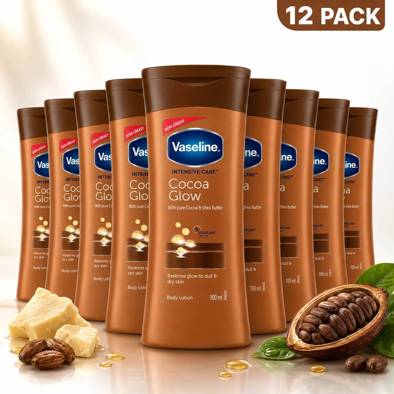 Vaseline Intensive Care Cocoa Glow Body Lotion Bulk 12-Pack (100ml/3.4oz) - Non-Greasy, Hydrating Cosmetic with Pure Cocoa & Shea Butter, Storage-Friendly Multipack for All Skin Types, Daily Nourishing Care, Daily Use