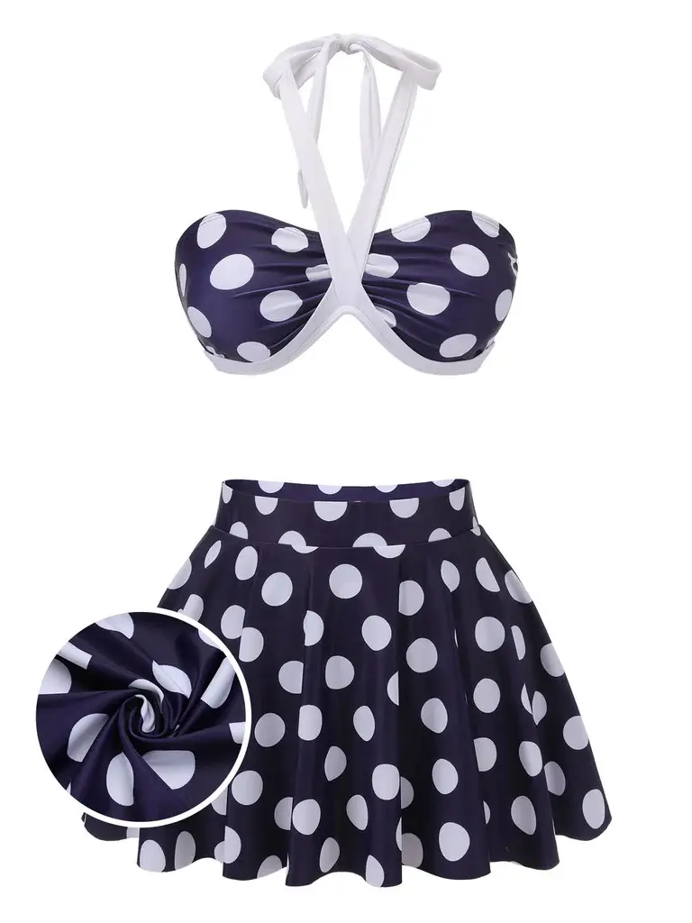 RETRO STAGE Women's High-Stretch Multi-Size 1940s Navy Blue Polka Dot Halter Bikini Swimsuit Set - Non-Transparent, Cup-Style, Bandeau, Halter-Front Bikinis Set for Sports & Outdoor Use, Non-Transparent Bikinis Set4th of july outfits