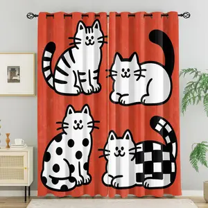 2Pcs Vintage Print Style Cat Curtains, Light Blocking, Breathable & Good Drape, Clear Pattern Fade Resistant, Ideal for Bedroom & Living Room, Create Warm Cozy Home Atmosphere