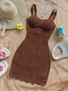 Women's Solid Crochet Sleeveless Slip Dress, Sexy Party Dress for Dates & Beach Vacations, Perfect for Holiday Dating, Afternoon Tea, Wedding Season, Beach Cruises, City Road Trips, Boho Vacations & Music Festivals