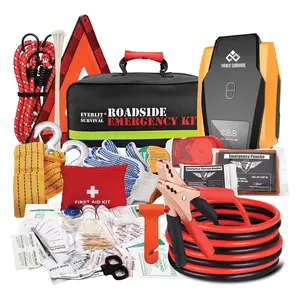 Survival Car Emergency Kit, Roadside Safety Tool Kit with Gloves,Digital Auto Air Compressor Tire Inflator, First Aid Kit, 12 Feet Jumper Cable, Tow Strap, Flashlight for Women, Men, Teenagers
