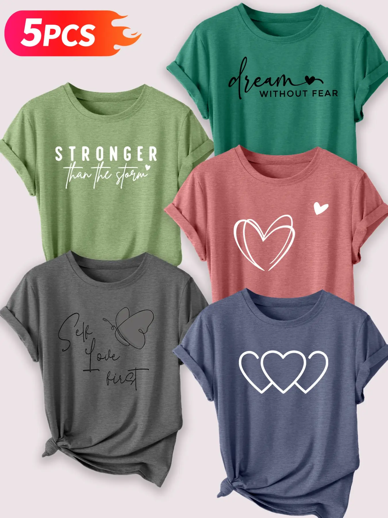 Self-Care and Positive Energy Classic Printed Cotton Round Neck Fitted T-Shirt 5 Pack Top, Best-Selling Stylish Casual Streetwear Set for All Seasons