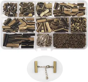 100 Sets Assorted Size Bronze Ends for Ribbon Bracelet Bookmark Making Crimps Kit with Lobster Clasps and Chain Extenders