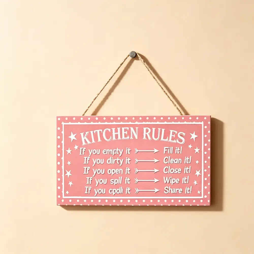Pink Polka Dot Star Kitchen Rules Wooden Hanging Sign, Funny Family Humor Wall Plaque with Jute Rope, Farmhouse Rustic Kitchen Wall Decor, Cute Housewarming Gift for Home Cook Family Women