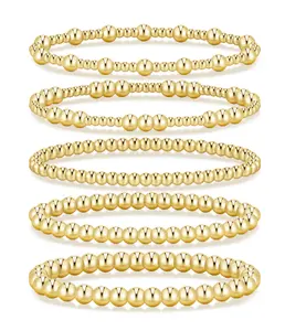 17KM Gold Bracelet for Women Waterproof, Beaded Strand Bead Ball Bracelet stack Adjustable  for Gifts