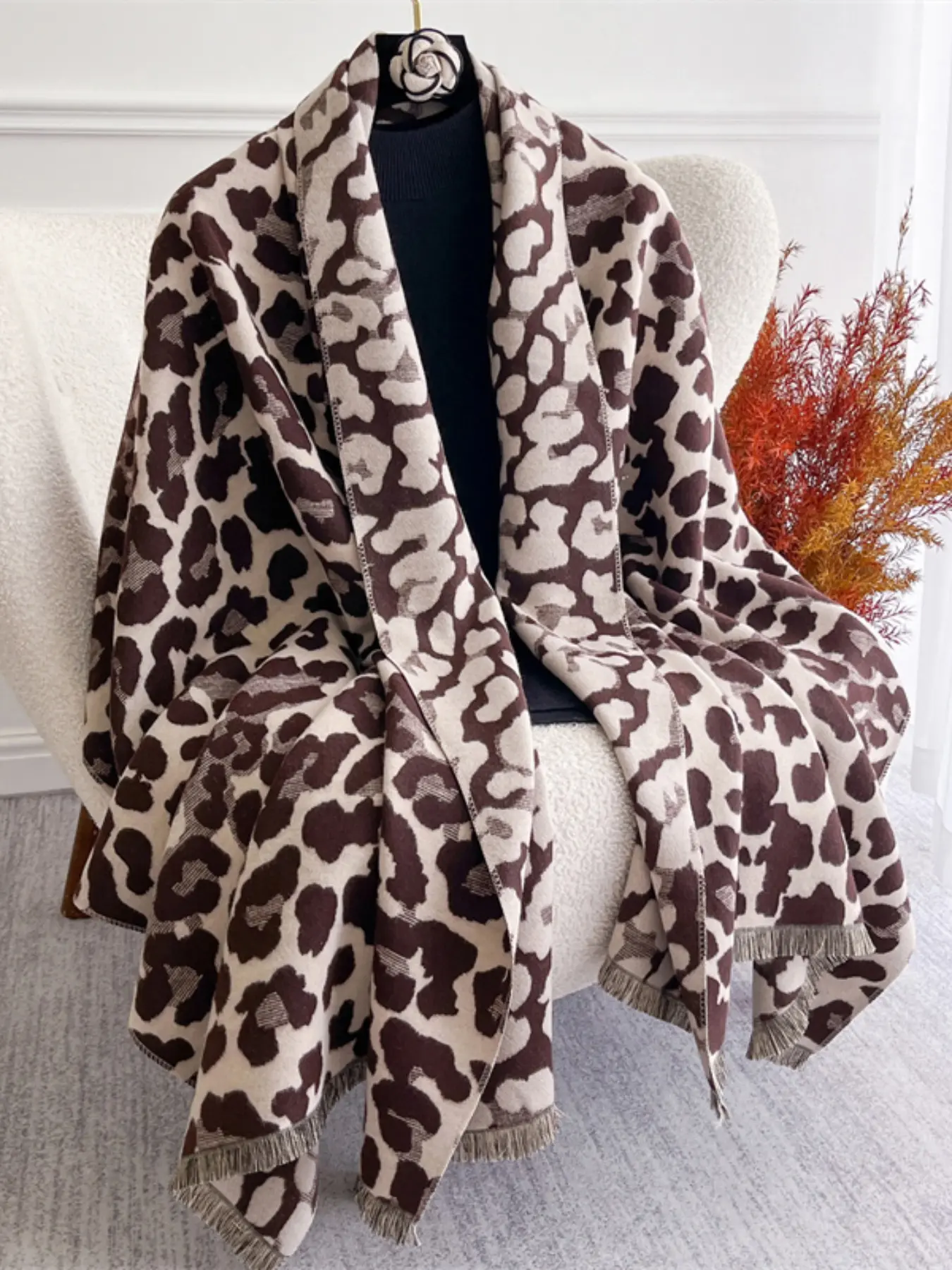 Women's Fashion Leopard Print Scarf, Boho Style Scarf, Thick Warm Imitation Wool Shawl, Windproof Headscarf for Winter Outdoor Wear Winter scarf, Fashion Shawl Wrap