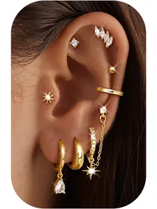 Gold Earrings for Women Stainless Steel Dangle Drop Stud Earring Chain Hoop Huggie Earring Hypoallergenic Tragus Helix Piercings Gold Silver Earrings Set for Multiple Piercing 8Pairs Earring Stacking Set