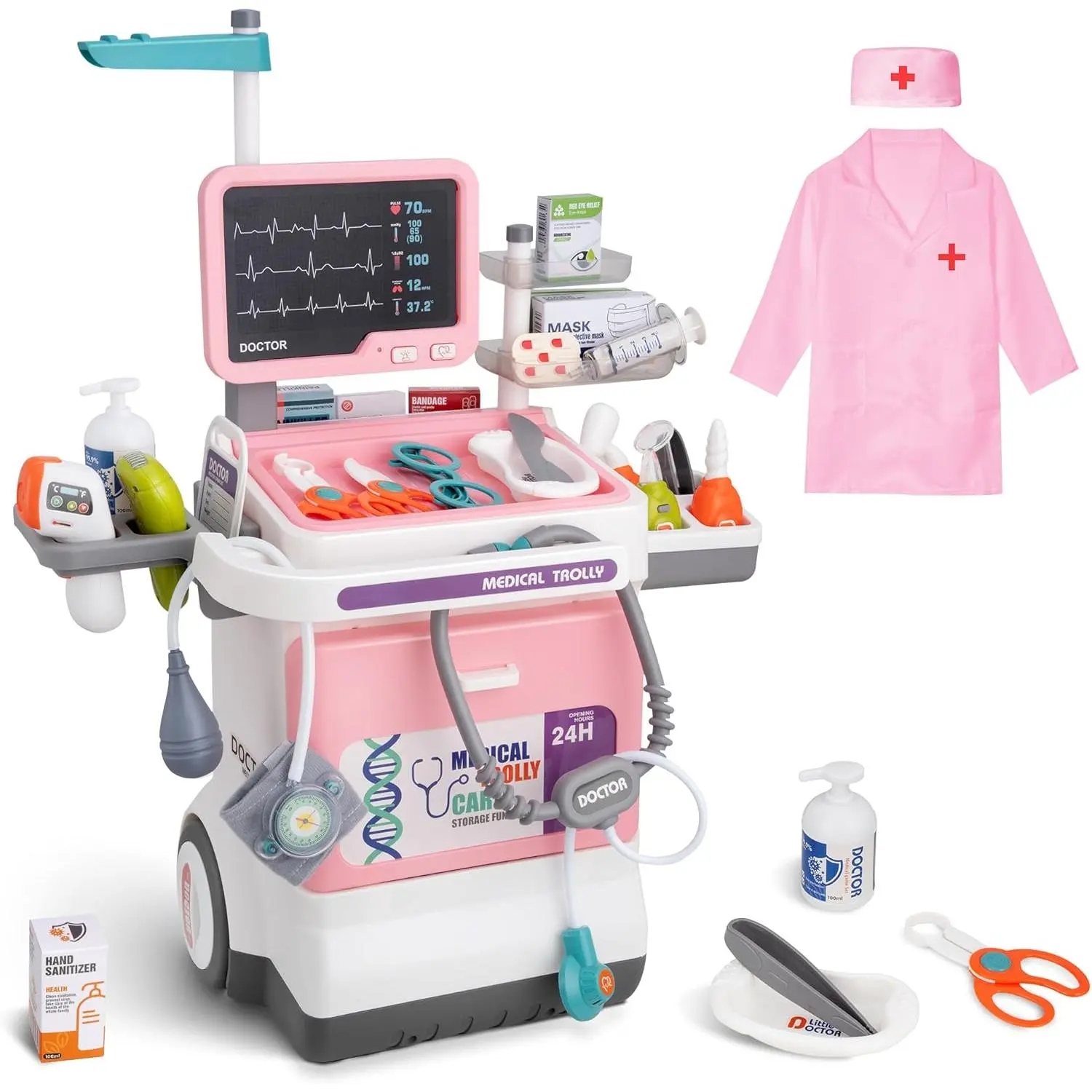 Toddler Deluxe Medical Play Cart Toy Kit - Unisex Learning Set with Stethoscope, Thermometer, Doctor Costume, Carry Bag - Toddlers' Educational Gifts for 3-6 Years (Pink)