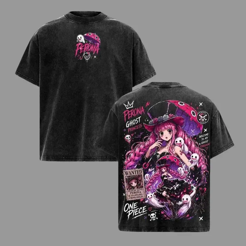 Men's Short-Sleeve Vintage Washed Oversized 1 Piece Anime Perona T-Shirt, Ghost Princess Gothic Kawaii Graphic, Thriller Bark Manga Streetwear Top Crewneck Tshirt