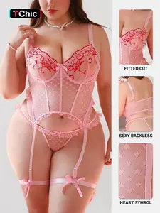 Valentine's Day Plus Size Sexy Lace Mesh Lingerie Set with Steel Cups, 4 Piece Underwear for Parties and Daily Wear, Perfect Gift