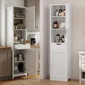 Walsunny Tall Bathroom Cabinet, Corner Sideway Kitchen Storage with Adjustable Shelves,  Towels Shampoos & Washing Supplies Space Saving Furniture, Floor Mount Narrow Tall Cabinet for Home, Versatile Farmhouse Pantry, White