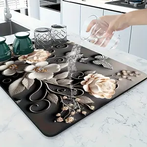 1pc luxury style floral pattern printed tableware drying pad, absorbent quick-drying kitchen table pad, coffee machine non-slip drainage pad, rubber material, faucet bathroom pad, kitchen necessities, home accessories