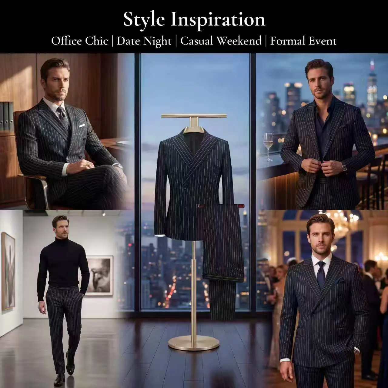 Men’s 2-Piece Slim Fit Pinstripe Suit – Double-Breasted Blazer with Matching Pants for Business, Wedding, Interview & Formal Events Classic Menswear（Sizes run small; please consult customer service for details）