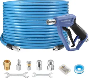 RIDGE WASHER Sewer Jetter Kit for Pressure Washer 100FT, 3600 PSI Drain Cleaning Hose with Short Pressure Washer Wand, 1/4 Inch NPT Corner, Rotating and Button Nose Sewer Jetting Nozzle