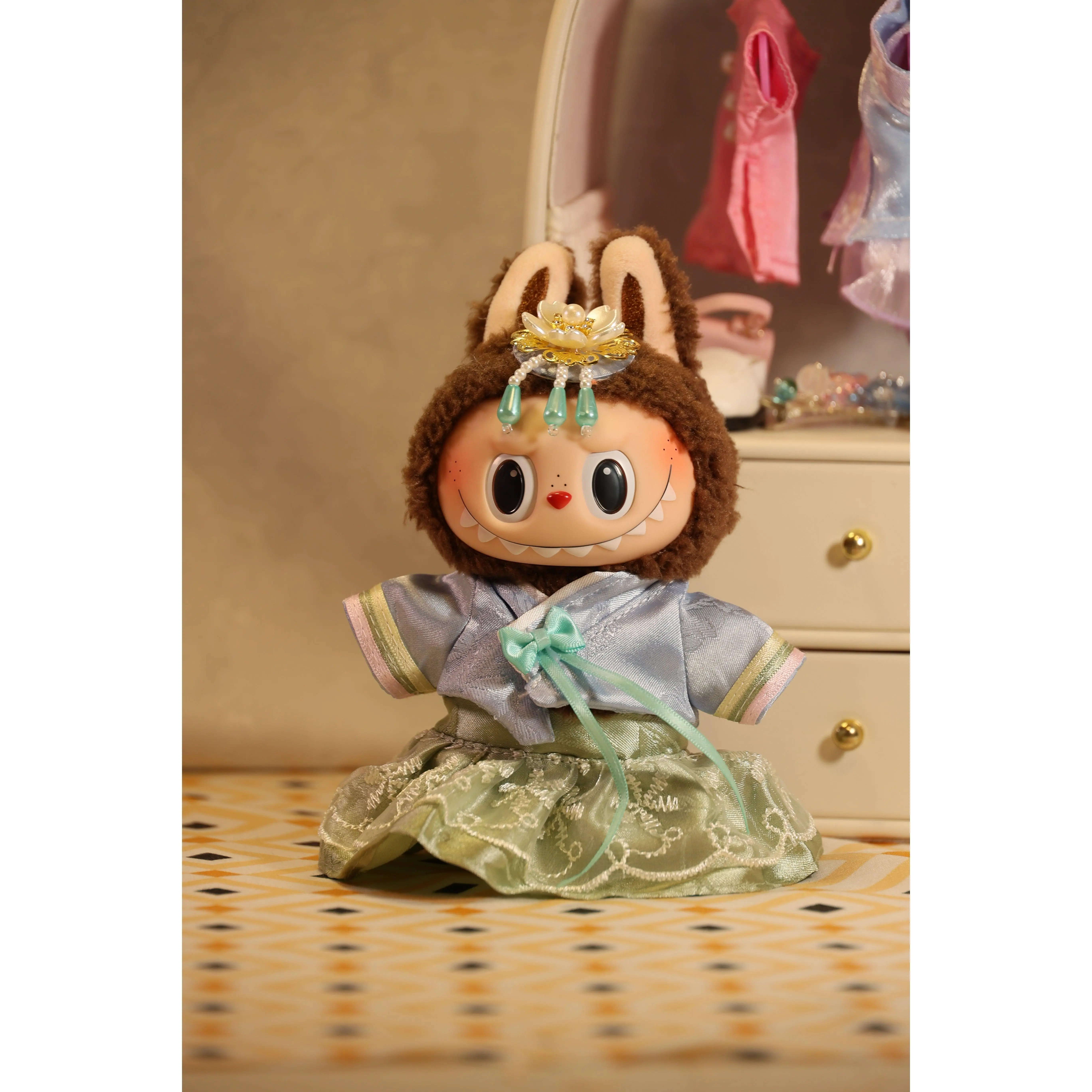 The Willow Blossom Green and Blue Mini Hanbok for Labubu