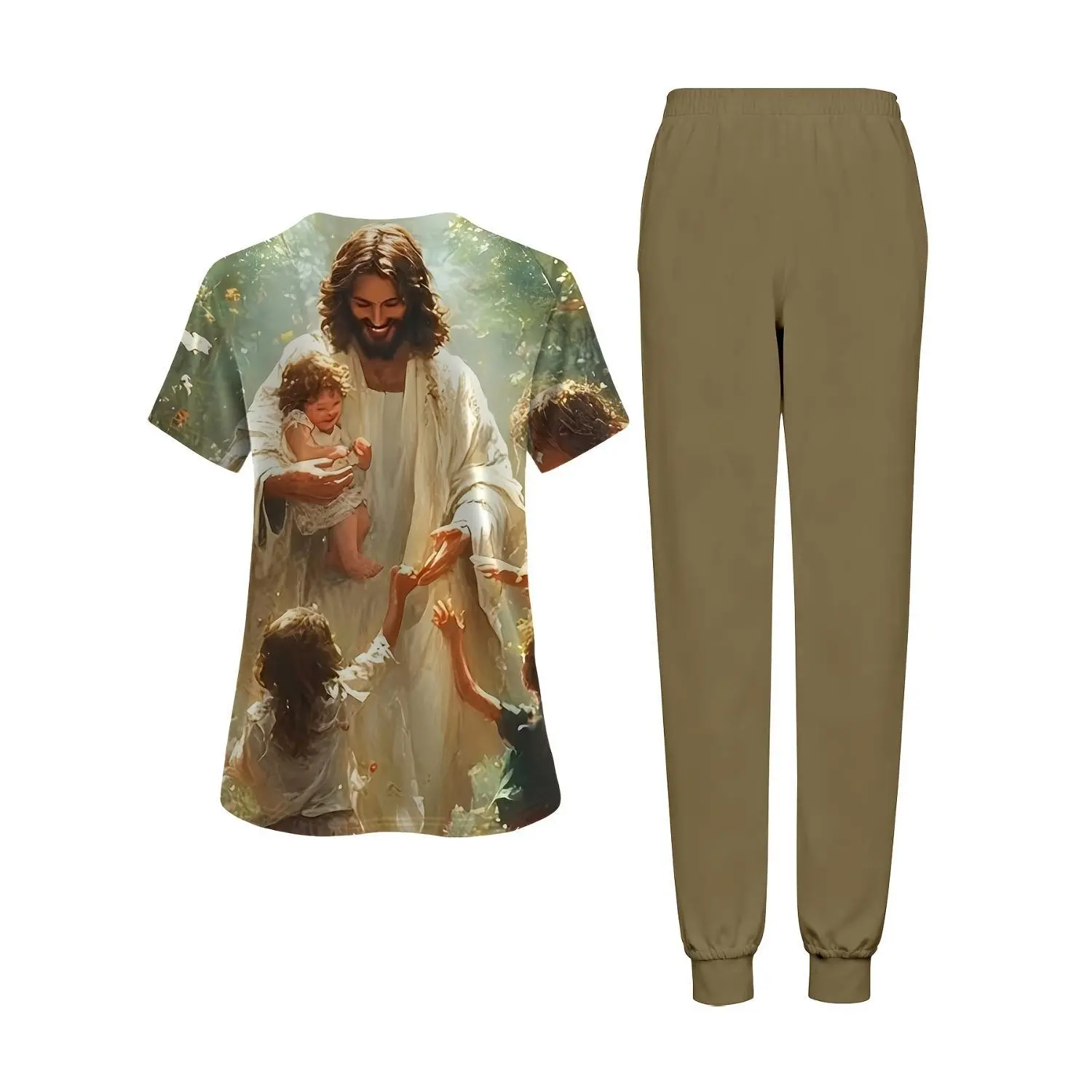 Elegant Plus Size 2-Piece Set for Women, V-Neck Short-Sleeve Top with Pockets, Featuring Jesus Christ Religious Art Print, Perfect for Daily Wear, Prayer, Christian Holidays, and Church Events