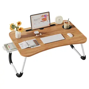 Portable Foldable Laptop Bed Desk Table Tray with Cup Holder & Storage Drawer - Heavy-Duty Wood Lap Desk Suitable for Bed, Sofa, Couch, Bedside Use - Compact Writing Table