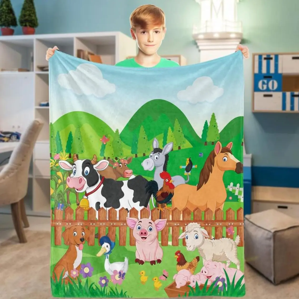 Farm Animal Throw Blanket,, Flannel, Soft, Cozy, Lightweight, , Unisex, All Seasons, Cartoon Pattern for Camping  Skin-friendly, lightweight and soft