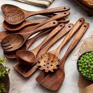 10-Piece Natural Wood Kitchen Utensil Set, Wooden Cooking Tools, Ergonomic Handles, Heat Resistant, Includes Spoons, Pans, Ideal for Induction Cookers