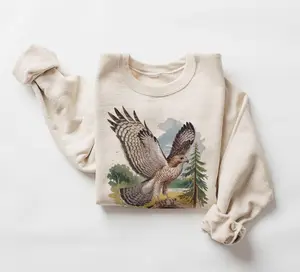 Retro Red Tailed Hawk Wings Spread Birding Sweatshirt - 90s Vintage Birds Of Prey Forest Nature Scene - Unisex Crewneck Sweatshirt