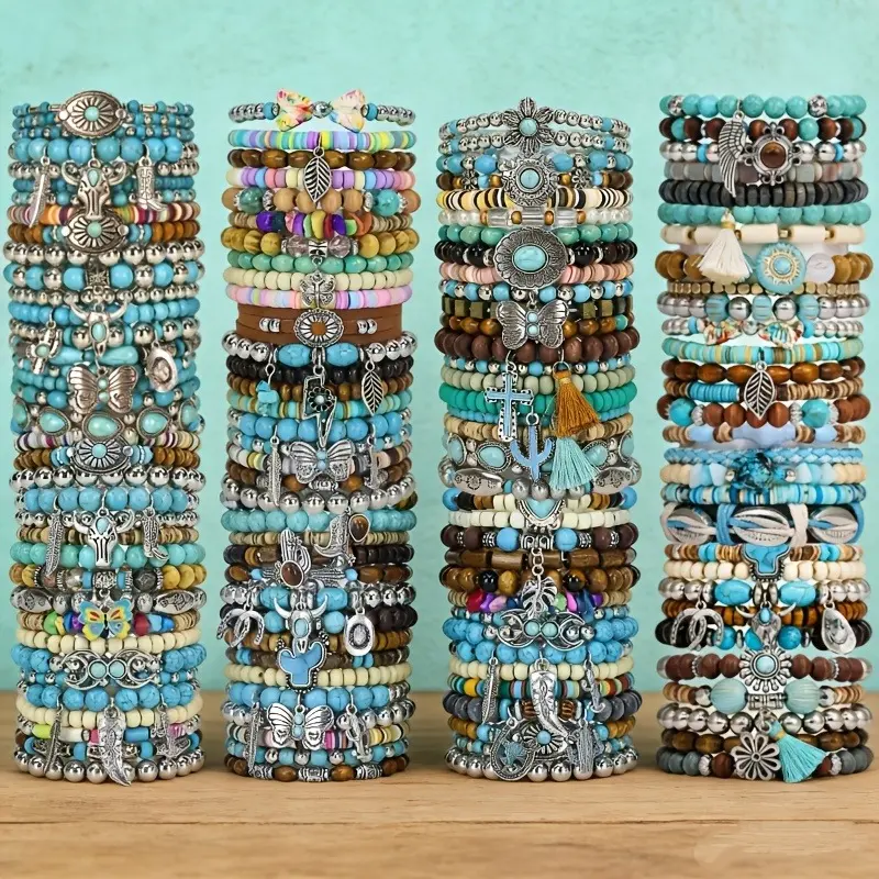 11/22Pcs Boho Women's Turquoise Bracelet Set - Layered Stackable with Vintage Charms (Butterfly/Tassel/Cross), Southwestern Boho-Chic Elastic Stretch Jewelry - Lightweight, Trendy for Spring/Summer Casual/Festival/Beach Styles (Multi-Styles)