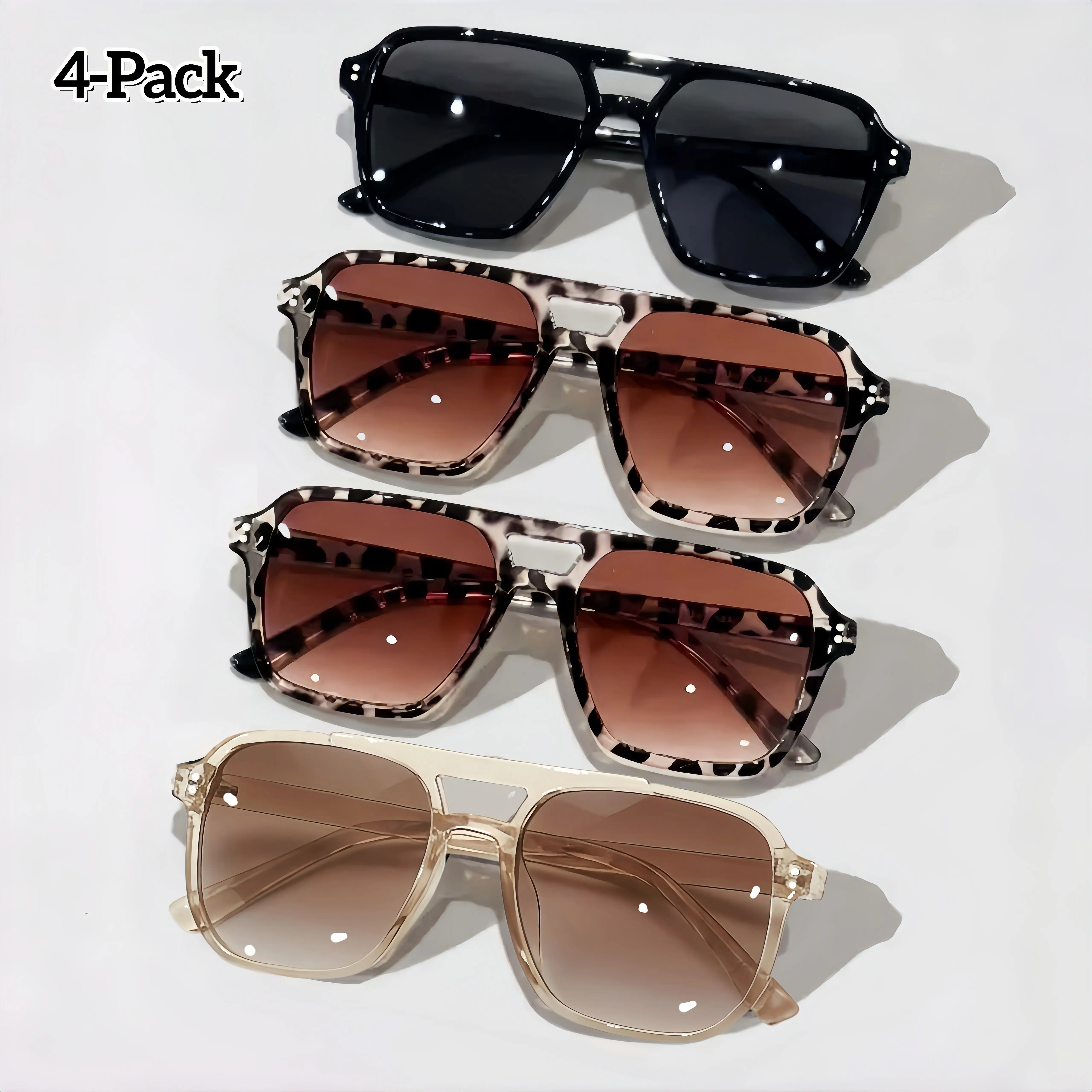 4 Pack Unisex Aviator Sunglasses, Y2K Vintage Double Bridge Polarized Shades, Lightweight Casual Fashion Glasses for Daily Driving, Beach & Outdoor Activities