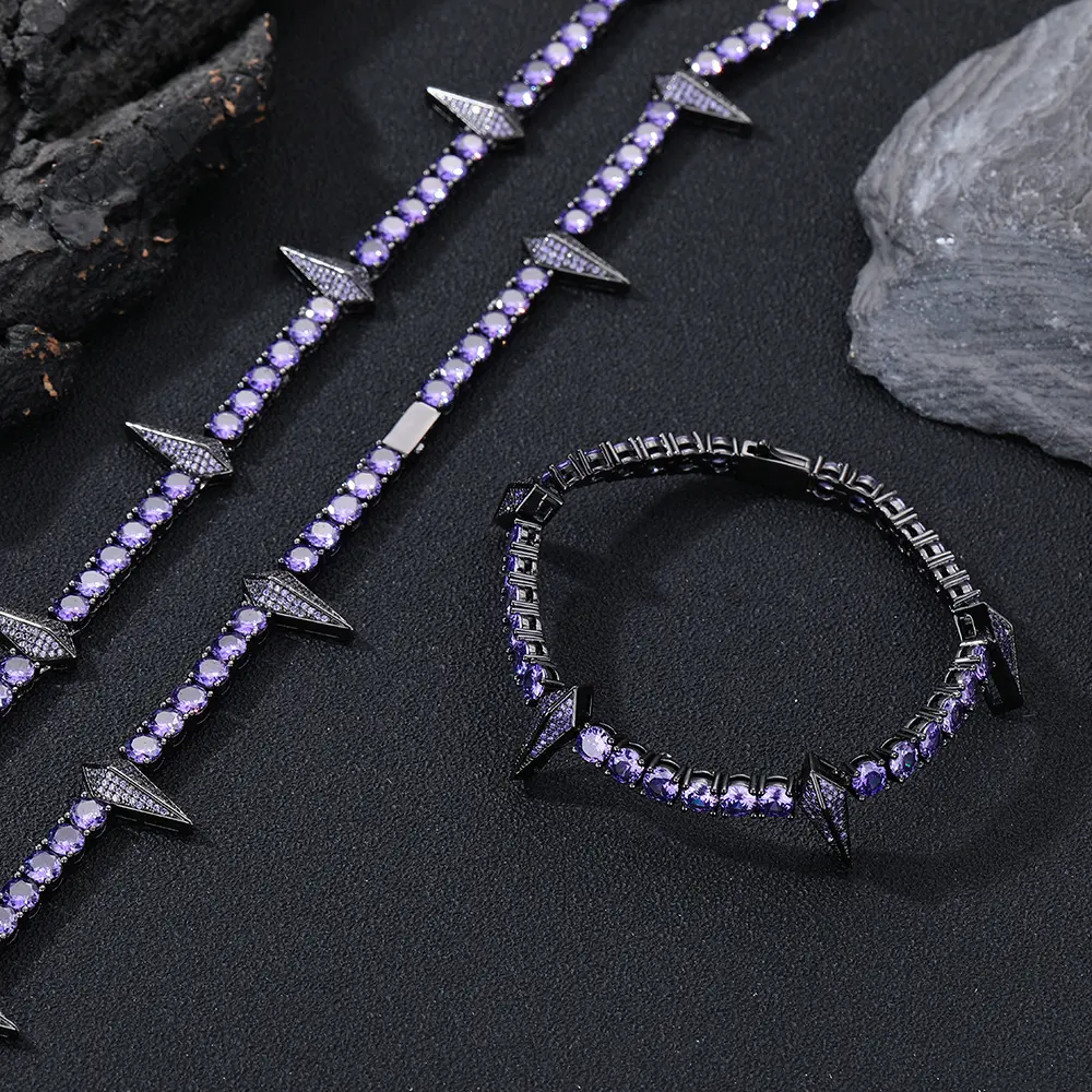 Black Panther-Themed All-Diamond Black Hip-Hop Tennis Necklace & Bracelet Set, Unisex Fashionable Jewelry Set, Luxury Streetwear Accessories Accented with Purple Gemstones, Ideal Gift, Tennis Chain, Gift Idea, Black Gunmetal + Black Zircon