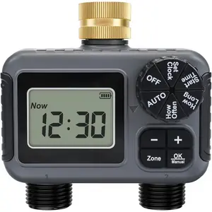 2-Zone Hose Timer - Brass Inlet Dual Outlet Sprinkler Timer with Rain Delay/Manual/Auto Modes, 2-Outlet Water Timers for Garden/Greenhouse/Flower Irrigation, Durable Faucet Timers for Lawn Care
