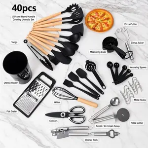 40-piece kitchen tool set with storage bucket, silicone wooden handle cooking utensils, heat-resistant nonstick cookware, measuring cups and spoons, home baking and cooking tool combo