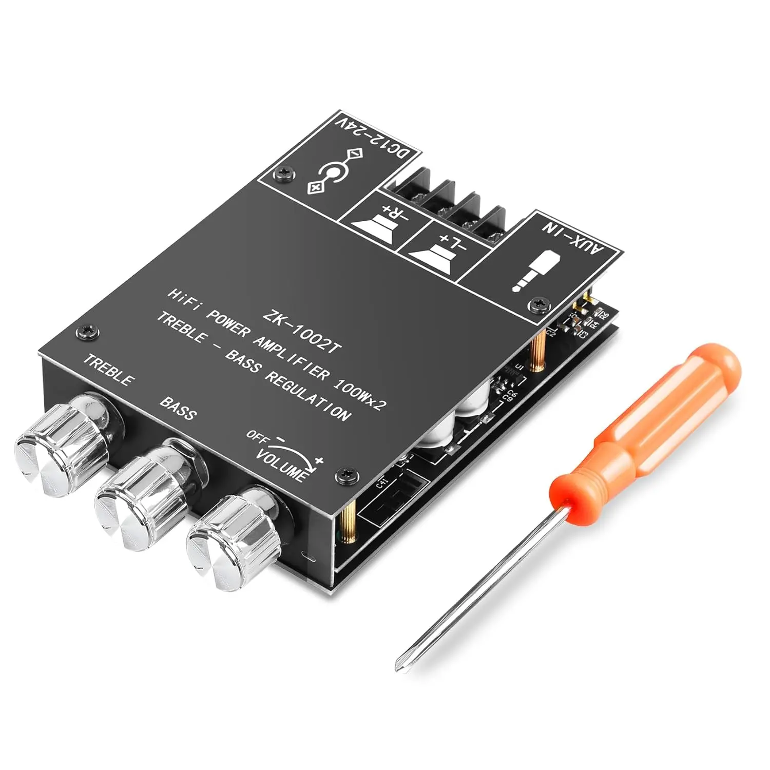 ZK-1002T Bluetooth Amplifier Board,100W+100W 2.0 Channel Amp Board with Treble/Bass Control,DC 12-24V, Bluetooth and AUX Inputs, Audio Amp Board for Home DIY Wireless Speakers, Password Free