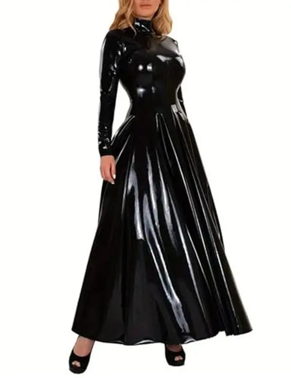 Women's Glossy Black Latex-Look Gothic Aesthetic Fit Fashion Minimalist Plain Full-Length High-Neck Long-Sleeve Elegant All-Seasons Party Maxi Dress