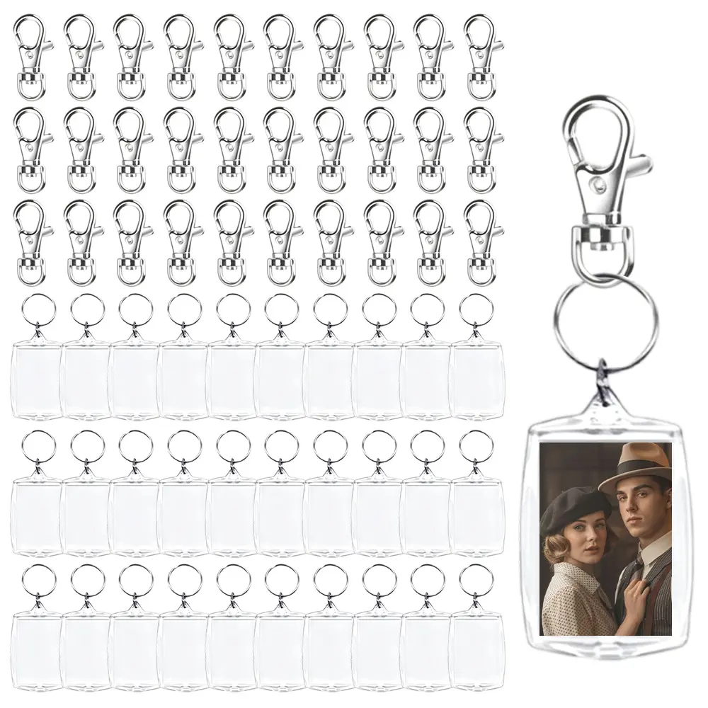 60 piece acrylic photo frame keychain production kit, including 30 acrylic transparent photo frames and 30 metal lobster clasps, suitable for pet photos, couple anniversaries, and travel
