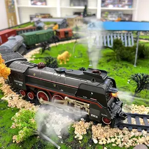 Hot Bee Train Set for Boys, Alloy Remote Control Train Toys with Steam Locomotive Cargo Cars Tracks, Trains with Realistic Smoke Sound Lights,Christmas Train Toys Gifts for 3 4 5 6 7 8+ Years Old Kids