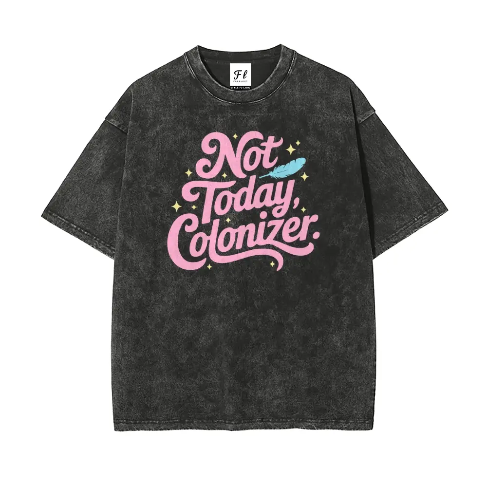 Vintage Feather Graphic T-Shirt, Unisex "Not Today Colonizer" Oversized Fit, Soft Washed Cotton Casual Short Sleeve Streetwear, Shortsleeve, Fabric, Round Neck, Top