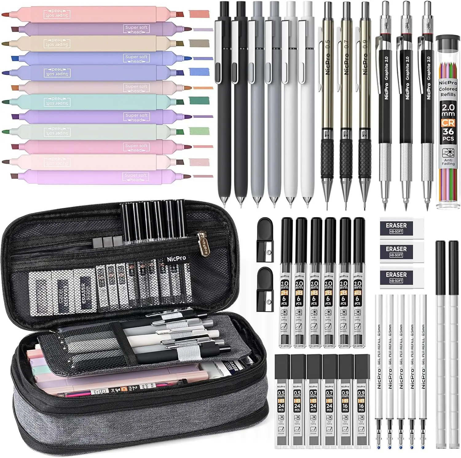 50-Piece School Office Stationery Set with Pencil Case, 12 Highlighters, 5 Gel Pens, 6 Mechanical Pencils, Back to School Essentials for College Students