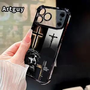 Cross Reverence Pattern Four Corner Anti-Fall Phone Case Transparent Electroplated Protective Cover for iPhone 17 Pro Max 16 Air 15 Plus 14 13 12 11 E