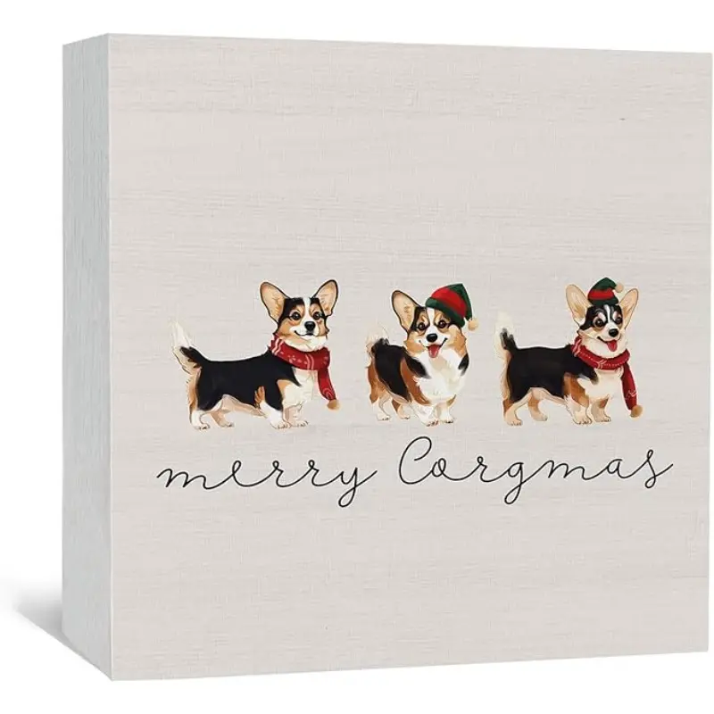Corgi Christmas Wooden Box Sign, Corgi Dog Christmas Decorations, Merry Corgmas Wood Signs For Home Office Desk Shelf Table Decor, 5x5 Inch