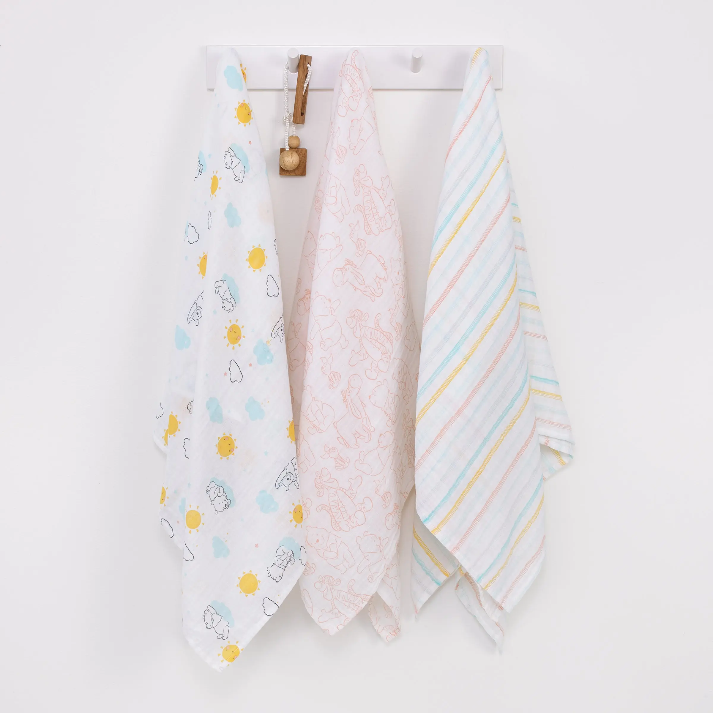 Disney Winnie the Pooh Yellow, Aqua, and White 3 Piece Muslin Swaddle Baby Blanket Set