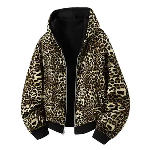 Women’s autumn/winter hooded zip-up jacket lined with wool, thick leopard-print casual warm top GARMENTARY