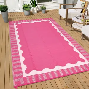 Large Waterproof Outdoor Rug with Fan-shaped Printed Plastic Straw Woven Carpet Double-sided Clean Gray & White Border Portable Storage Bag Foldable for Patios Gardens Balconies Beaches Picnics RVs and Porches