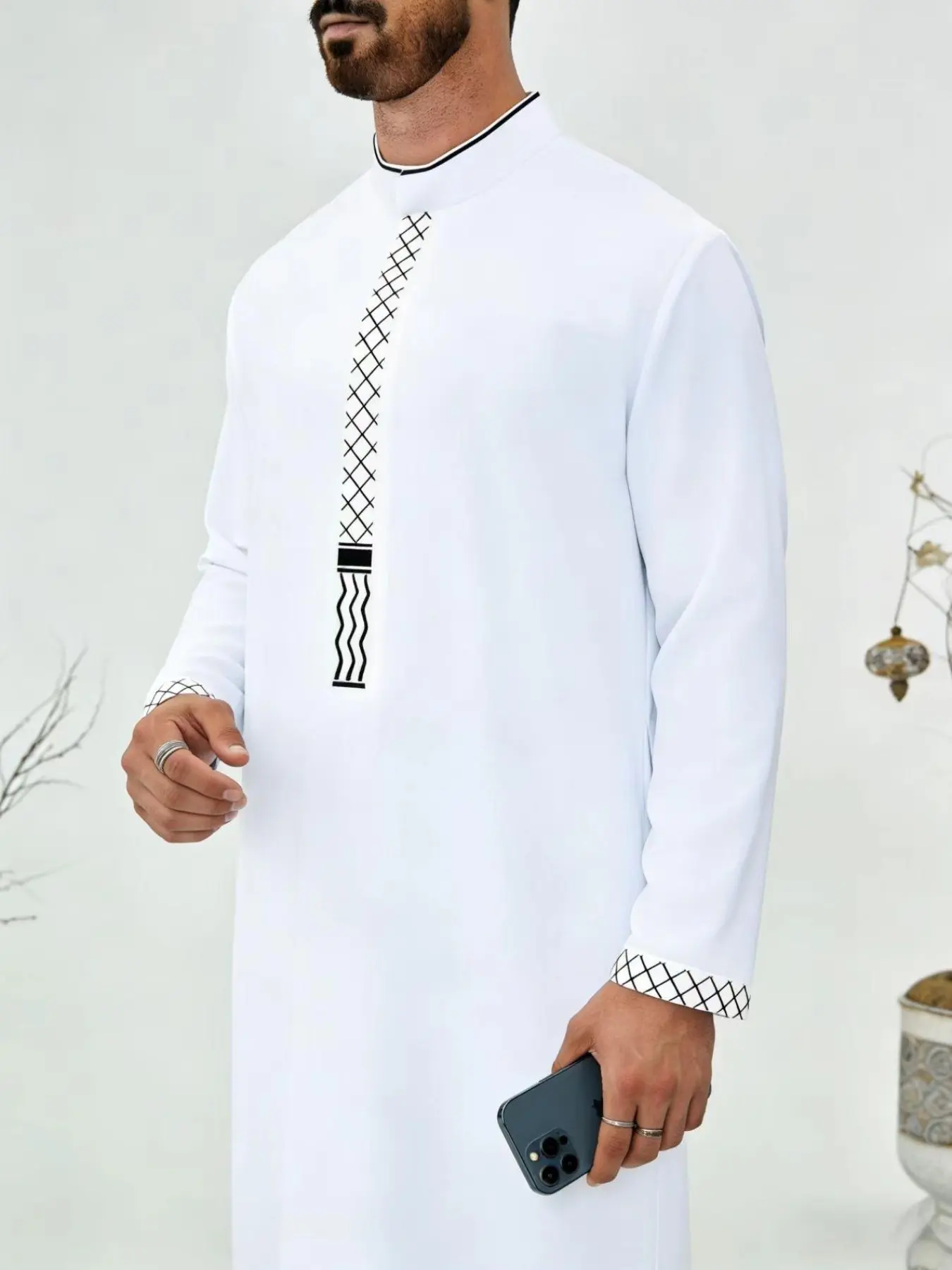 Men's Embroidered Mock Neck Robe, Loose Casual Long Sleeve Robe, Traditional Islamic Muslim Clothing for Daily Wear Clothes