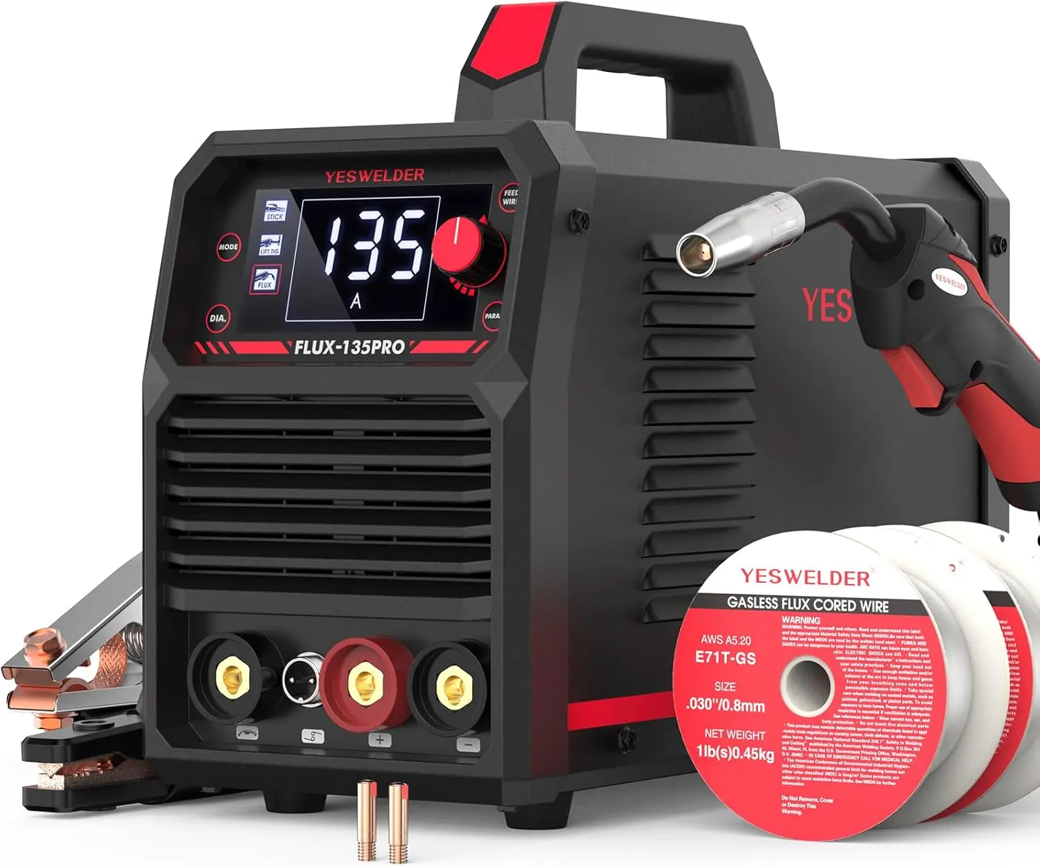 YESWELDER FLUX-135PRO 135Amp 110V Gasless Flux Core Multiprocess MIG Welder, 3-in-1 Portable Lightweight Work Tool with Lift TIG/Stick Welding, Digital Display DC IGBT Synergic Control for Construction, Metal
