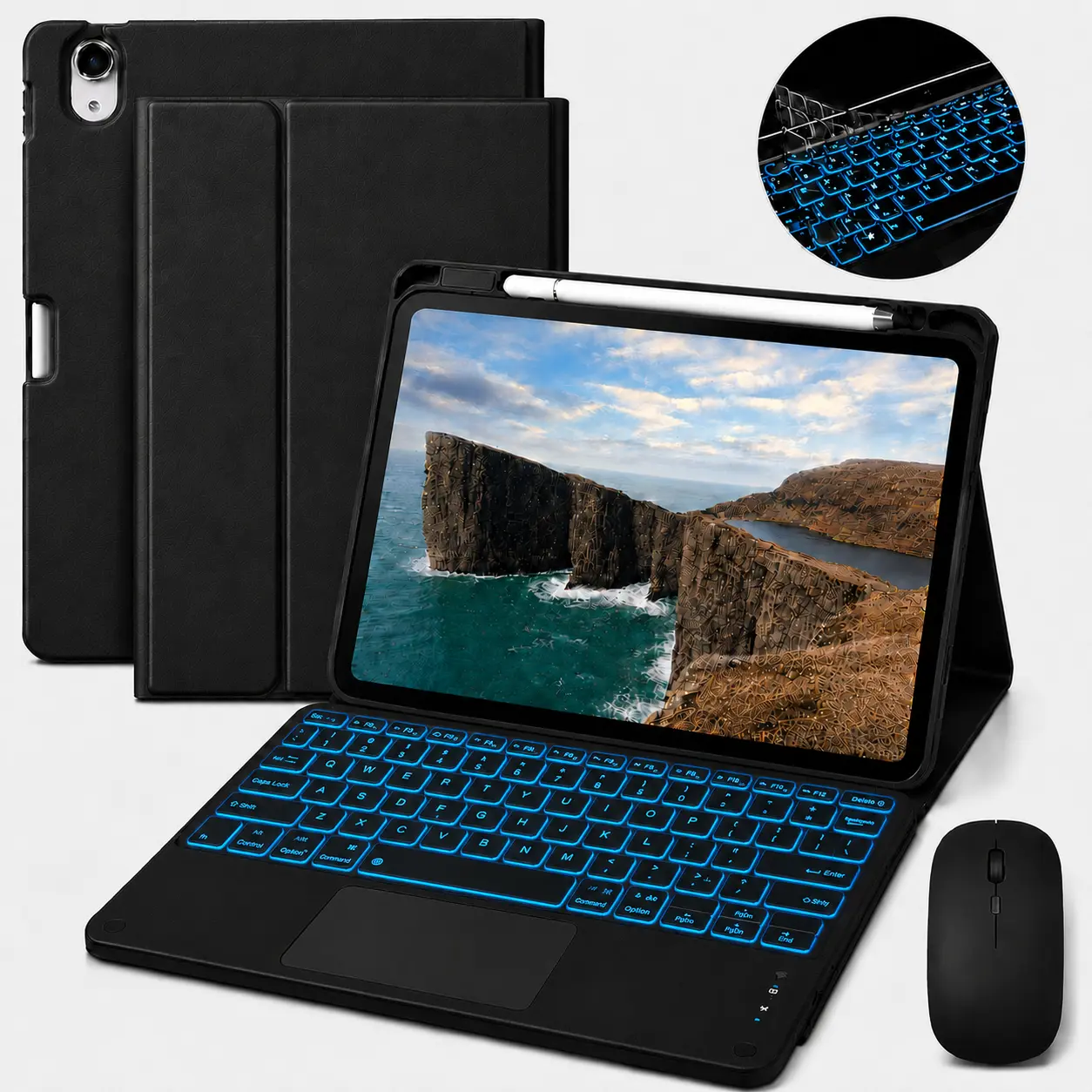 Touchpad Keyboard Case for iPad A16 11th/10th Gen,Rainbow Backlight Type-C Charging Keyboard Cover with Stylus Pencil and Mouse, Keyboard protector, Black