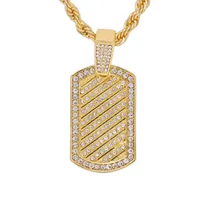 Iced Medium Tag Pendant with 4mm Rope Chain (24" Length) - Hip-Hop, Icons Statement, Imitation Diamond, 2 Inch, Chain Accent Necklaces, Hip-Hop Necklaces