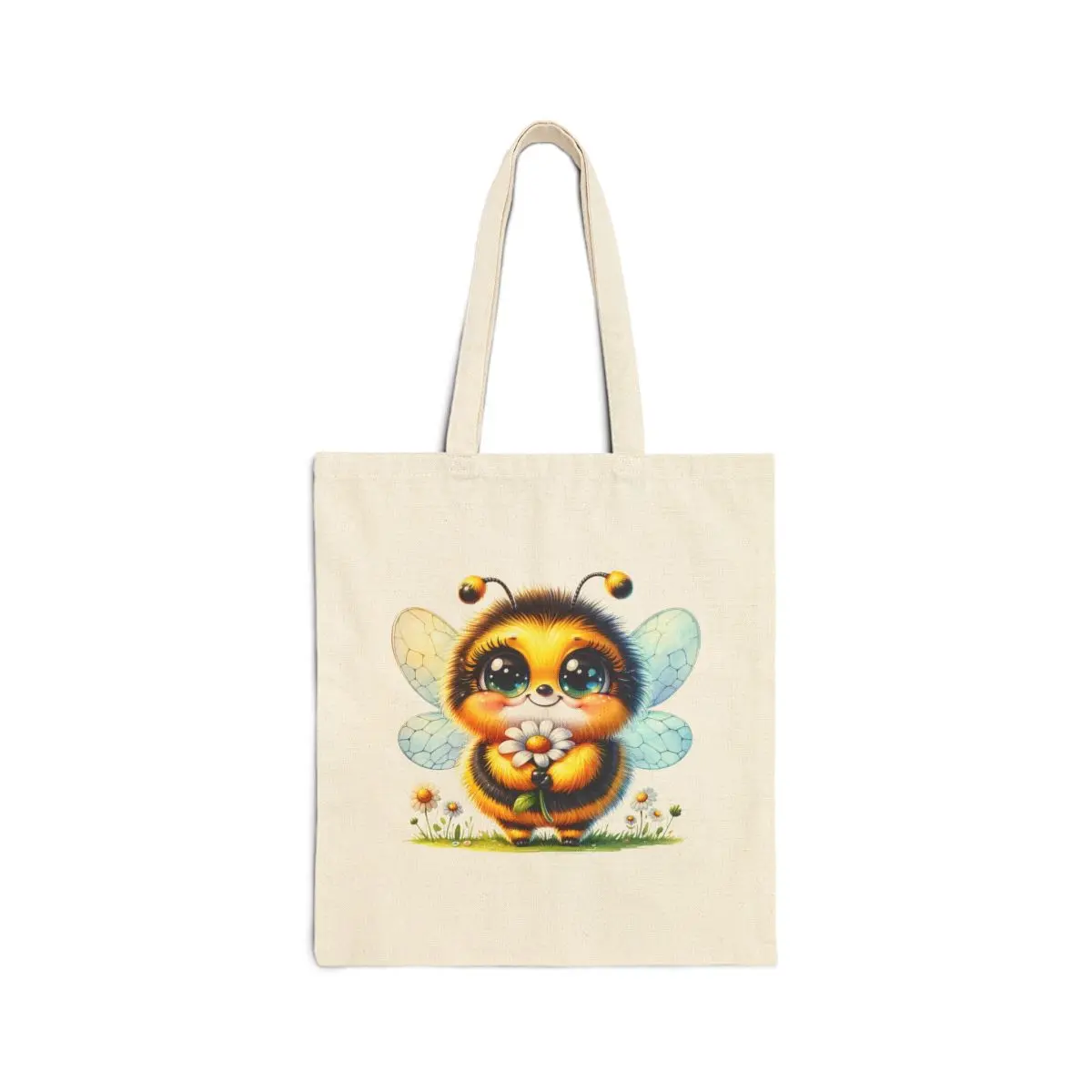 Cute Chibi Big Eyed Bumblebee Canvas Tote Bag, Anime Kawaii Style Beach Bag, Bumblebee Reuseable Canvas Bag