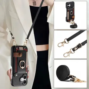 Apple Card Holder Stand Phone Case with Long Lanyard for 17 Pro Max Crossbody iPhone 16/15 Pro 13 Shockproof Leather Full Coverage Case with Card Slot Storage