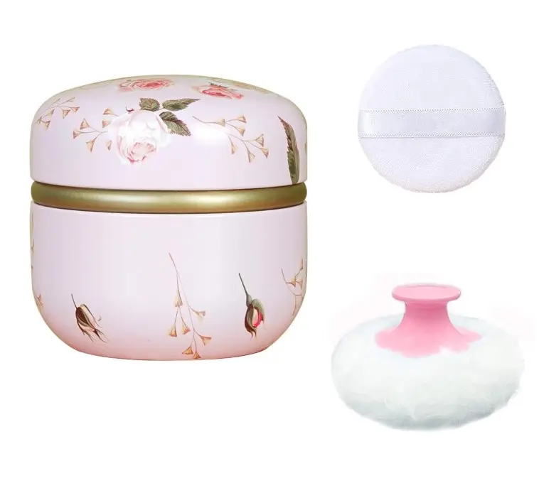 Body Powder Puff and Container for Dusting Powder, Women Powder Puff and Powder Case for Bath and Travel (Romantic Flowers)