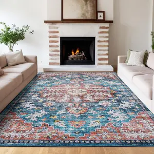 【GARVEE】Oriental Washable Rugs 8x10 Non-Slip Soft Bedroom Rug, Low Pile Stain Resistant Floor Carpet for Living Room, Vintage Distressed Accent Rug, Medallion Floral Printed Rug, Blue