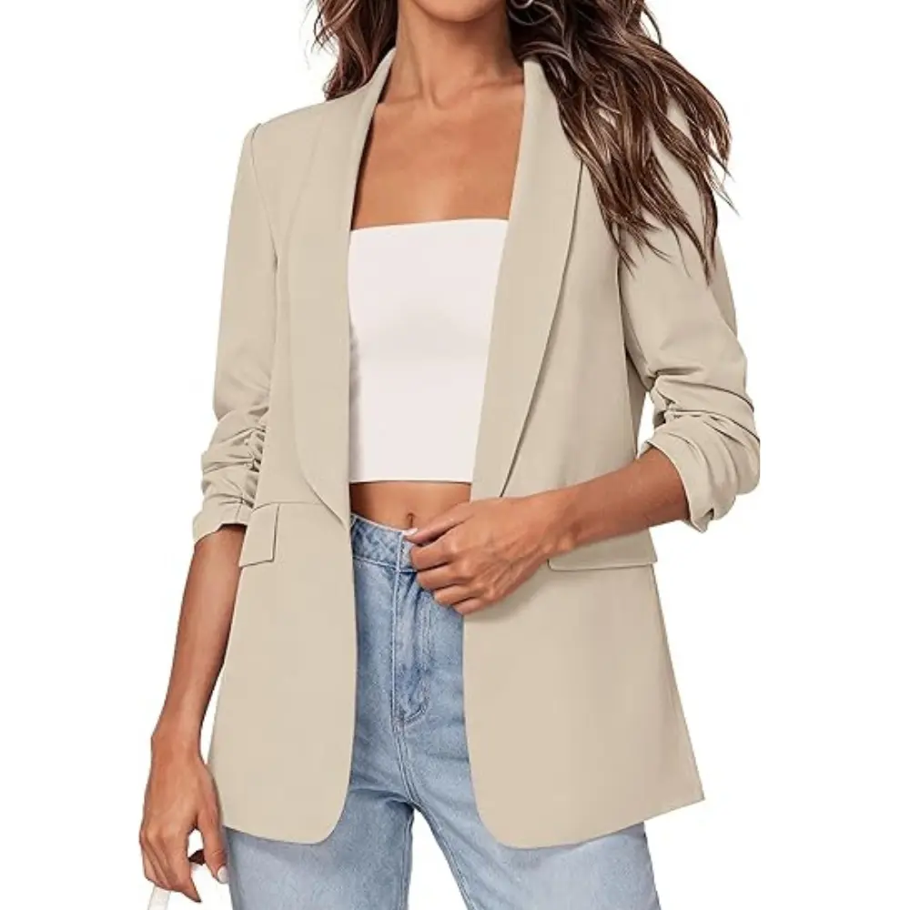 PRETTYGARDEN Women's Spring Blazers Business Casual Outfits Open Front Ruched 3/4 Sleeve Lightweight Work Suits Jackets